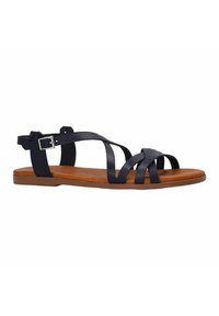 Platte sandalen van donkerblauw leer met meerdere kruislings gespen. Bruine zool, verstelbare enkelband met een zilveren gesp.
