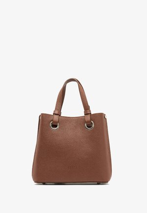 Brown leather handbag with a textured finish, wide base, two short handles, and metal ring accents. Minimalistic design with embossed logo on front.