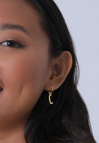 Goldene Creolen mit einem geschwungenen, strukturierten Design. Hängt sanft vom Ohrläppchen und ergänzt die natürlichen Merkmale des Trägers.