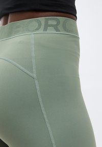 Κοντινό πλάνο ενός ατόμου που φοράει ανοιχτό πράσινο αθλητικό κολάν χωρίς ραφές, με ορατές ραφές και φαρδύ λάστιχο μέσης που αναγράφει το κείμενο "BORG".