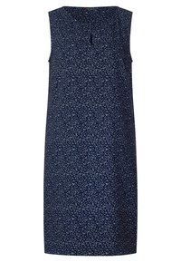 Námořnické bezrukávové šaty s květinovým vzorem v bílé a světle modré barvě. Mají jednoduchý design a délku do kolen. Jsou vyrobeny z lehkého materiálu.