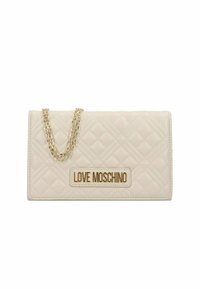 Quilted cream wallet with gold chain strap and logo plaque. Features a rectangular shape with diamond pattern and smooth texture.