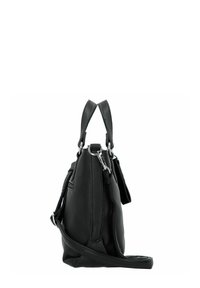 Sac à main en cuir noir avec un extérieur texturé, des poignées supérieures et une bandoulière amovible. Comprend des accents en matériel argenté.