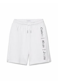 Witte katoenen shorts met een elastische tailleband en een koord. Heeft zijsplitten en zwarte tekstgraphics op het linkerpoot.