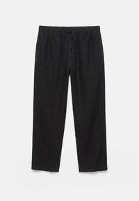 Pantalon noir à coupe ample avec taille élastique et cordon de serrage réglable, présenté à plat sur fond blanc.