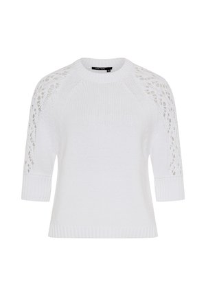 Weißer gestrickter Pullover mit Spitzenmusterärmeln und gerippten Bündchen, Rundhalsausschnitt und geradem Saum.