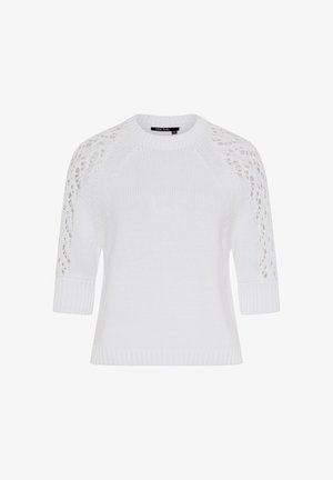 Weißer gestrickter Pullover mit Spitzenmusterärmeln und gerippten Bündchen, Rundhalsausschnitt und geradem Saum.