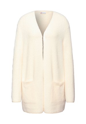 Cremefarvet cardigan lavet af blødt, tekstureret stof. Har en åben front, lange ærmer og to forlommer.