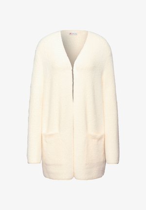Crème-kleurige cardigan van zachte, structuurstof. Met een open voorkant, lange mouwen en twee voorkruizen.