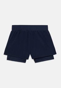 Calças curtas de desporto azul marinho com uma Cintura elástica suave, apresentando uma camada exterior solta e um forro interior ajustado. Textura do tecido suave.