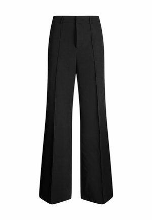 Pantaloni neri a gamba larga con un design sartorial, caratterizzati da pieghe frontali, una texture liscia e una vita per un look aderente.