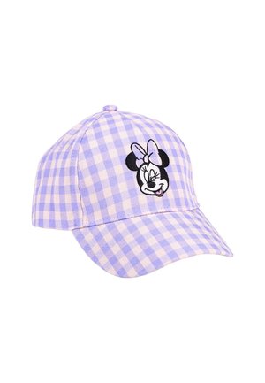 Kappe aus lila und rosa Karostoff. Mit einem gestickten Minnie-Mouse-Design und einem gebogenen Schirm. Hinten verstellbar.