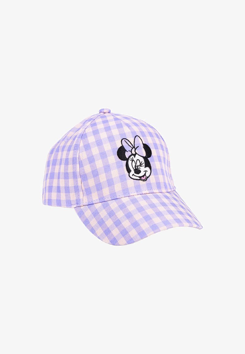 Kappe aus lila und rosa Karostoff. Mit einem gestickten Minnie-Mouse-Design und einem gebogenen Schirm. Hinten verstellbar.