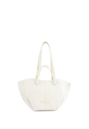 Sac fourre-tout blanc avec deux longues anses et des anses plus courtes, ornée d'un patch logo cousu discret au centre avant.