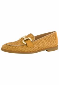 Woven tan loafers featuring a rounded toe, beige suede accents, and a gold buckle detail on the strap. Flat, rubber sole.