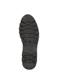 Schwarze Gummisohlen mit tiefen Profiltiefen für Traktion, einem breiten Fußbett und einer glatten Mitte mit einem geprägten Logo.