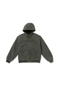 Gray hooded jacket with a zip front, elastic cuffs, and hem. Features two front pockets and a small logo patch, made from a textured material.
