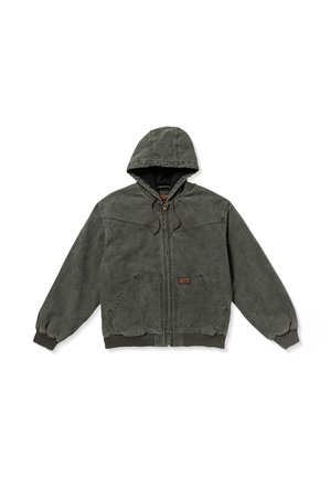 Gray hooded jacket with a zip front, elastic cuffs, and hem. Features two front pockets and a small logo patch, made from a textured material.