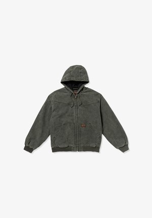 Grahamfarbener Kapuzenjacke mit Reißverschluss vorne, elastischen Bündchen und Saum. Sie verfügt über zwei Fronttaschen und ein kleines Logo-Patch und besteht aus einem strukturierten Material.