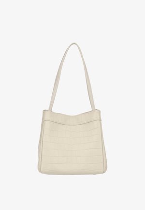 Witte handtas van kunstleer met een getextureerd krokodillenpatroon, voorzien van twee lange handvatten en een gestructureerde, rechthoekige vorm.