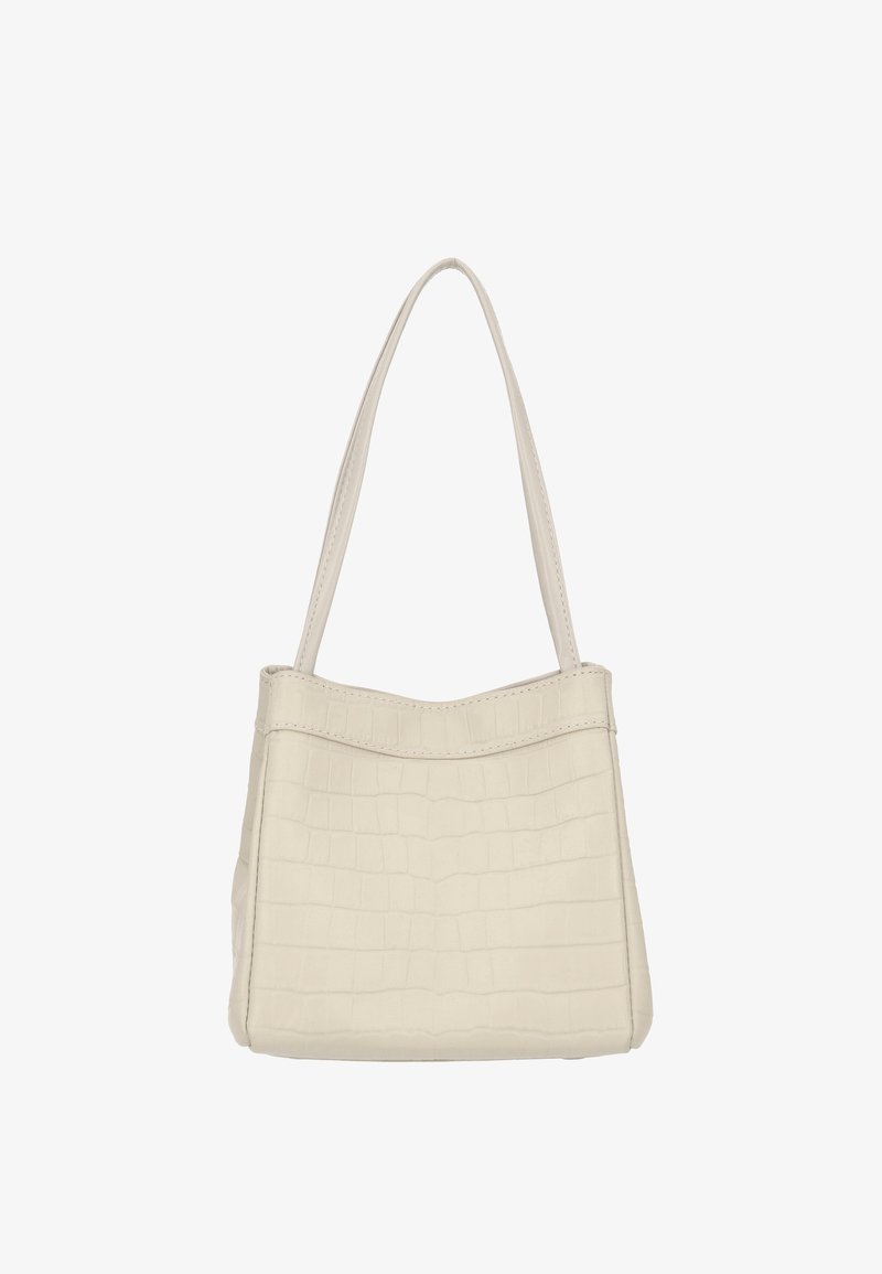 Witte handtas van kunstleer met een getextureerd krokodillenpatroon, voorzien van twee lange handvatten en een gestructureerde, rechthoekige vorm.