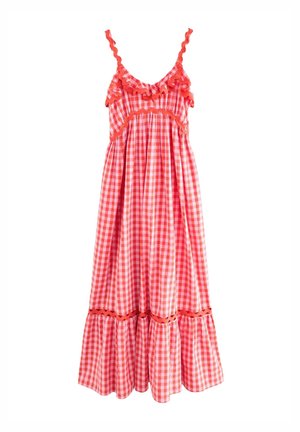 Rød og hvid gingham ærmeløs solkjole med flæset stropper og kant, med dekorativt bølget bånd langs bryst og nederdel.