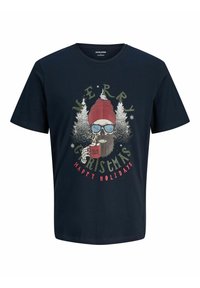 Czarny bawełniany t-shirt z grafiką postaci z brodą w czerwonej czapce i okularach przeciwsłonecznych, otoczonej napisem "Wesołych Świąt".