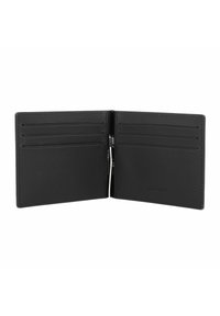 Portefeuille en cuir noir avec un design ouvert, comportant plusieurs emplacements pour cartes et un intérieur texturé. Étiqueté avec le nom de la marque.