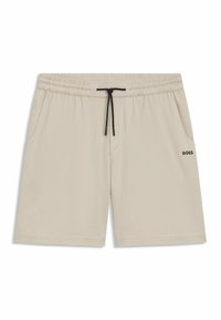 Shorts sportivi beige realizzati in tessuto traspirante, dotati di una vita elastica con coulisse e tasche laterali. Motivo perforato sottile.