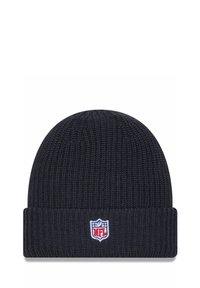 Knit beanie in dark navy with a ribbed texture. Features a folded cuff and an embroidered NFL logo on the front.