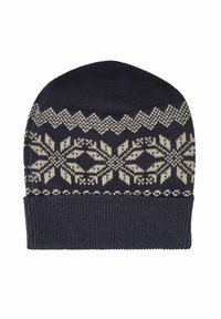 Granatowa dziana czapka z kremowymi geometrycznymi wzorami. Posiada ściągacz i gładką teksturę materiału. W rozmiarze standardowym dla czapek beanie.