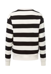 Czarny i biały sweter z poziomymi paskami, z długim rękawem, okrągłym dekoltem oraz żeberkowymi mankietami i dolnym wykończeniem, pokazany od tyłu.