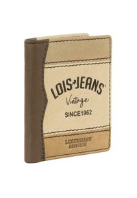 Cartera de cuero marrón y beige con "Lois Jeans Vintage Desde 1962" y "División Legendaria" grabados en la parte frontal.