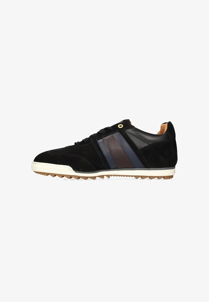 Black suede sneakers with leather accents, featuring blue and brown stripes, rubber outsole, rounded toe, and flat laces.