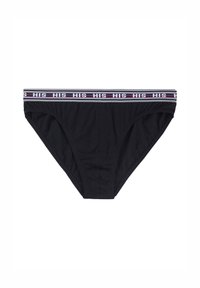 Schwarze Baumwollunterwäsche mit einem figurnahen Design. Verfügt über einen elastischen Bund mit "HIS" und farbigen Streifen in Rot und Weiß.