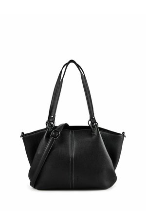 Schwarze Lederhandtasche mit zwei Tragegriffen und einem verstellbaren Schultergurt, mit sichtbaren Nähten entlang der vorderen Mitte.