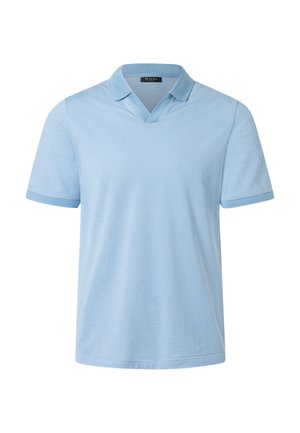 Lyseblå herrepolo med korte ærmer, fine horisontale striber, V-hals og ensfarvede blå ærmekanter.