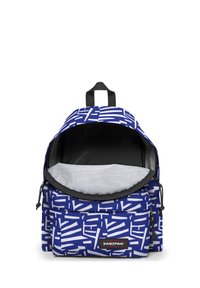 Blue and white patterned backpack with a zippered main compartment, black lining, and a top handle for carrying. Brand logo on front pocket.