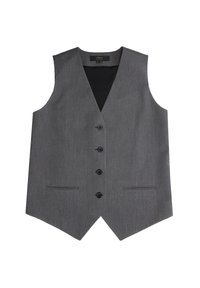 Szara, dopasowana kamizelka z dekoltem w serek, sześcioma guzikami i skośnymi przednimi kieszeniami. Gładka tekstura tkaniny z czarną podszewką wewnętrzną.