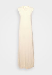Robe longue en tricot de couleur beige clair avec un décolleté en V et sans manches. Présente un ourlet côtelé et une texture lisse.