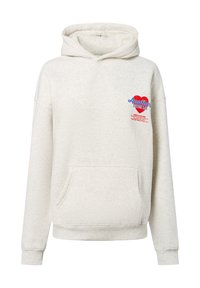 Lichtgrijze hoodie van zachte katoen. Voorzien van een voorzak, trekkoord-kap en kleurrijke borstafdruk met tekst. Geribbelde manchetten.