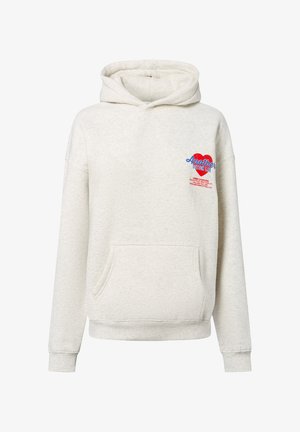 Lichtgrijze hoodie van zachte katoen. Voorzien van een voorzak, trekkoord-kap en kleurrijke borstafdruk met tekst. Geribbelde manchetten.