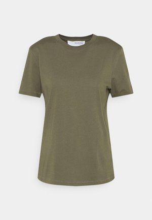T-shirt vert olive à manches courtes avec un col rond et un design simple et ajusté, présenté sur un fond blanc uni.