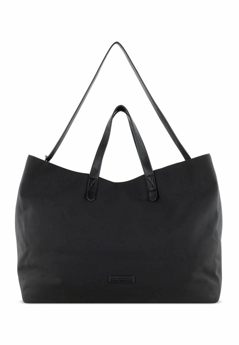 Grand sac fourre-tout noir en tissu résistant avec deux poignées courtes et une bandoulière. Présente un logo discret à l'avant. Texture lisse.