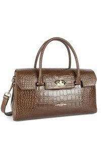 Sac à main en cuir marron avec une texture crocodile, design structuré, anses doubles et fermoir en ton or. Dispose d'une bandoulière ajustable.