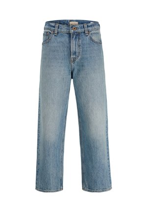 Jean en denim bleu clair taille haute avec une coupe droite, fermeture bouton et zip à l'avant, passants pour ceinture et poches avant.