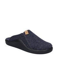 Pantofola in feltro blu scuro con suola in gomma nera, caratterizzata da un design curvo e un piccolo etichetta in pelle sul lato superiore.