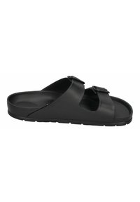 Black slide sandal with dual adjustable straps, flat sole, molded footbed, and smooth texture. Designed for comfort and ease of wear.