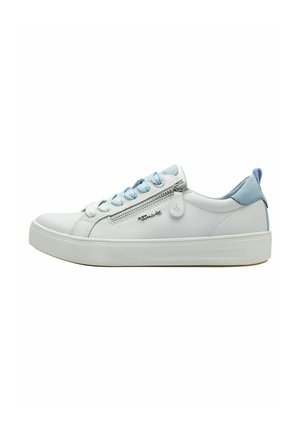 White leather sneaker with light blue accents, lace and zipper detail, flat sole, rounded toe, and smooth texture.