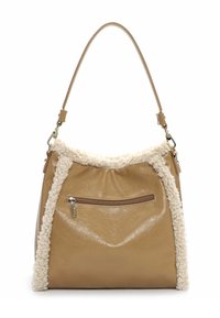 Borsa hobo in pelle color cuoio con bordo in pelliccia crema testurizzata. Presenta una tasca anteriore con cerniera e una tracolla singola. Finitura liscia e lucida.